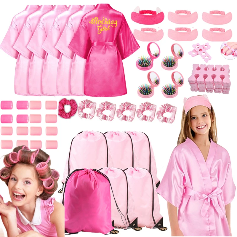 12-72pcs Spa Party for Girls Birthday Slumber Kimono Robe Kids Sleepover Party Satin Robes with Gift Bags Hair Curlers Rollers