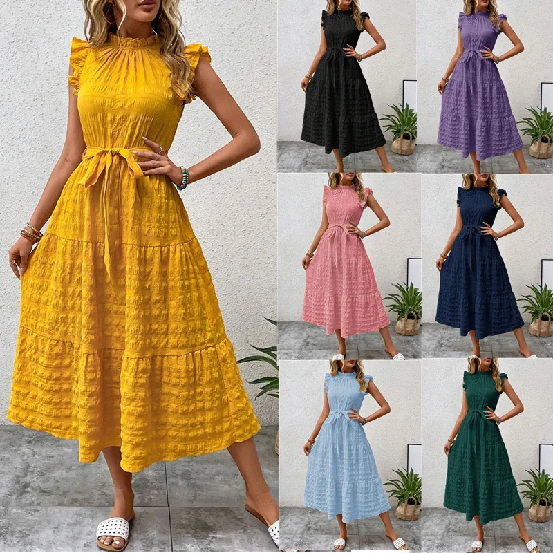 2026 Spring Summer Women Dress Ruffle Sleeve Tie Waist Textured Dresses Outfit