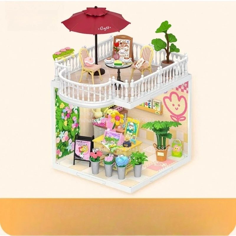 

Small house in the garden, flower shop assembly model, plastic material DIY house, children's puzzle and entertainment