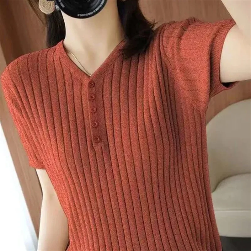 Spring Autumn Women Sweaters Short Sleeves V-neck Bottoming Shirt Knitwear 2023 Summer Pullovers Korean Jumpers  Knitwear