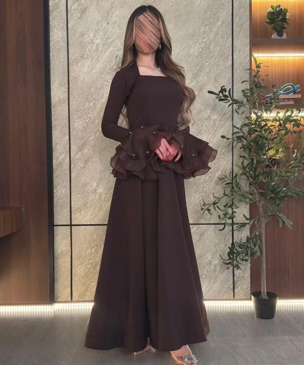 

Customized Retro Pastrol Jersey Pleat Tiered Rhinestone A-line Square Neck Long Dresses Bespoke Occasion Dresses Exquisite Sexy
