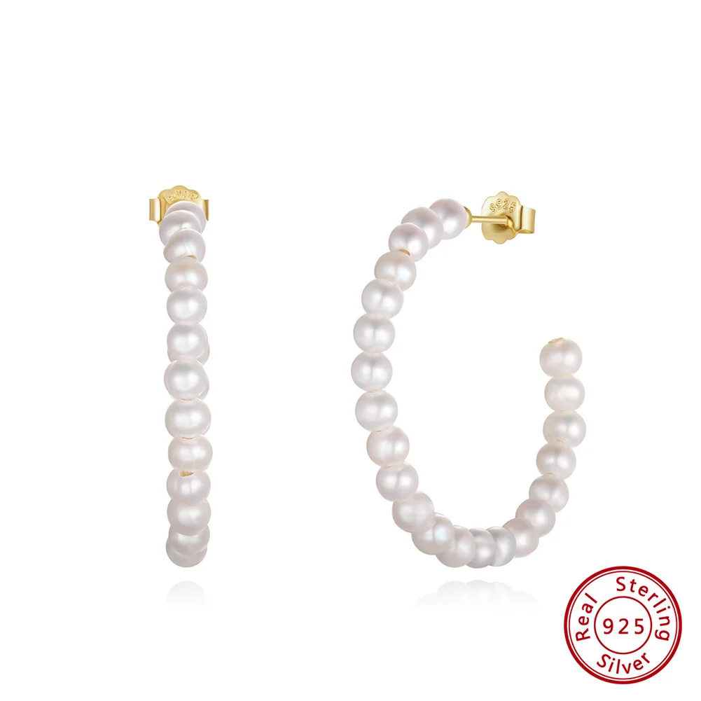 

Kiss Mandy Fashion Natural Beads Pearl Circle Hoop Earrings Wedding Party 925 Silver Round White Pearl Big Earring Jewelry GPE69