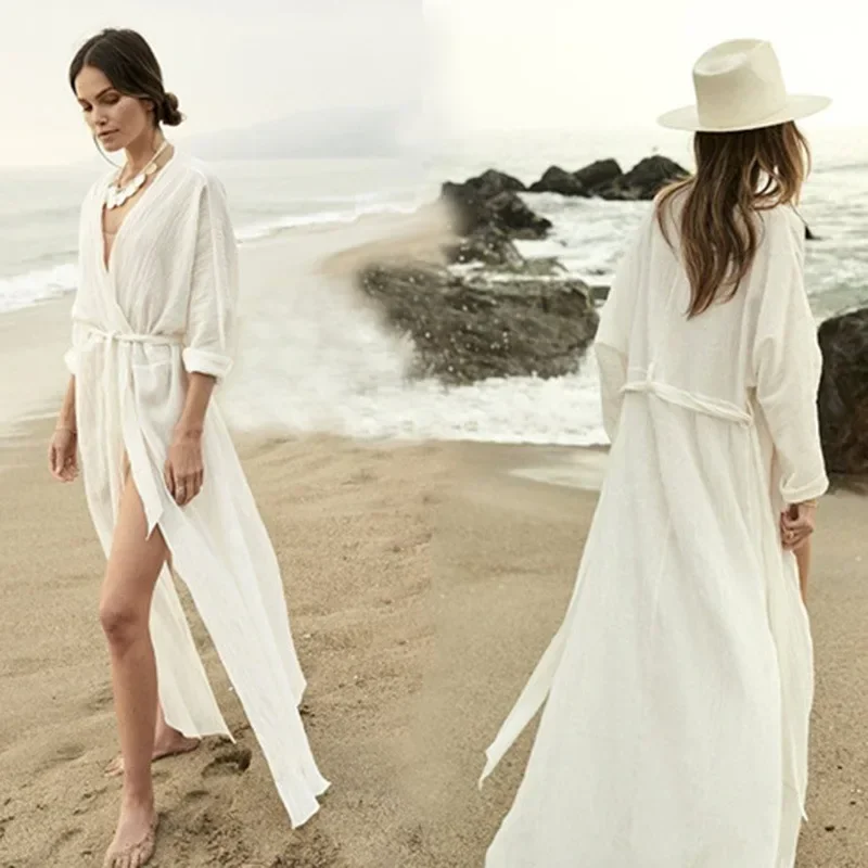 Robe de plage blanche à manches longues pour femmes, maillots de bain décontractés, cardigan de natation, vêtements de vacances d'été