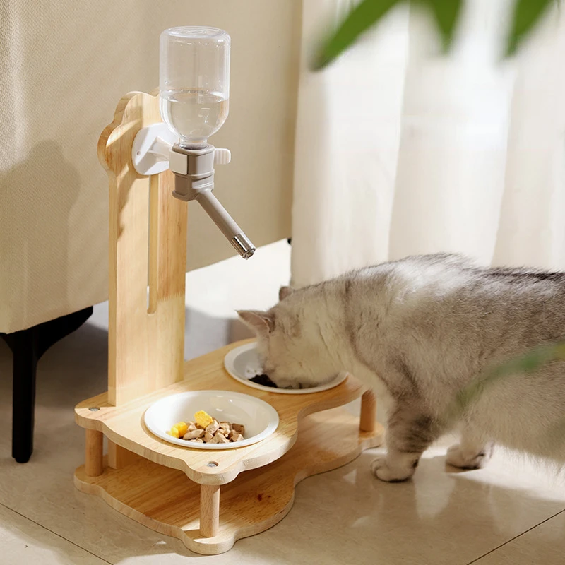 

Solid Wood Elevated Cats Bowls Double Dog Ceramic Bowl Feeders 3 in 1Elevated Cat Dish Feeding Automatic Drinking Supplies