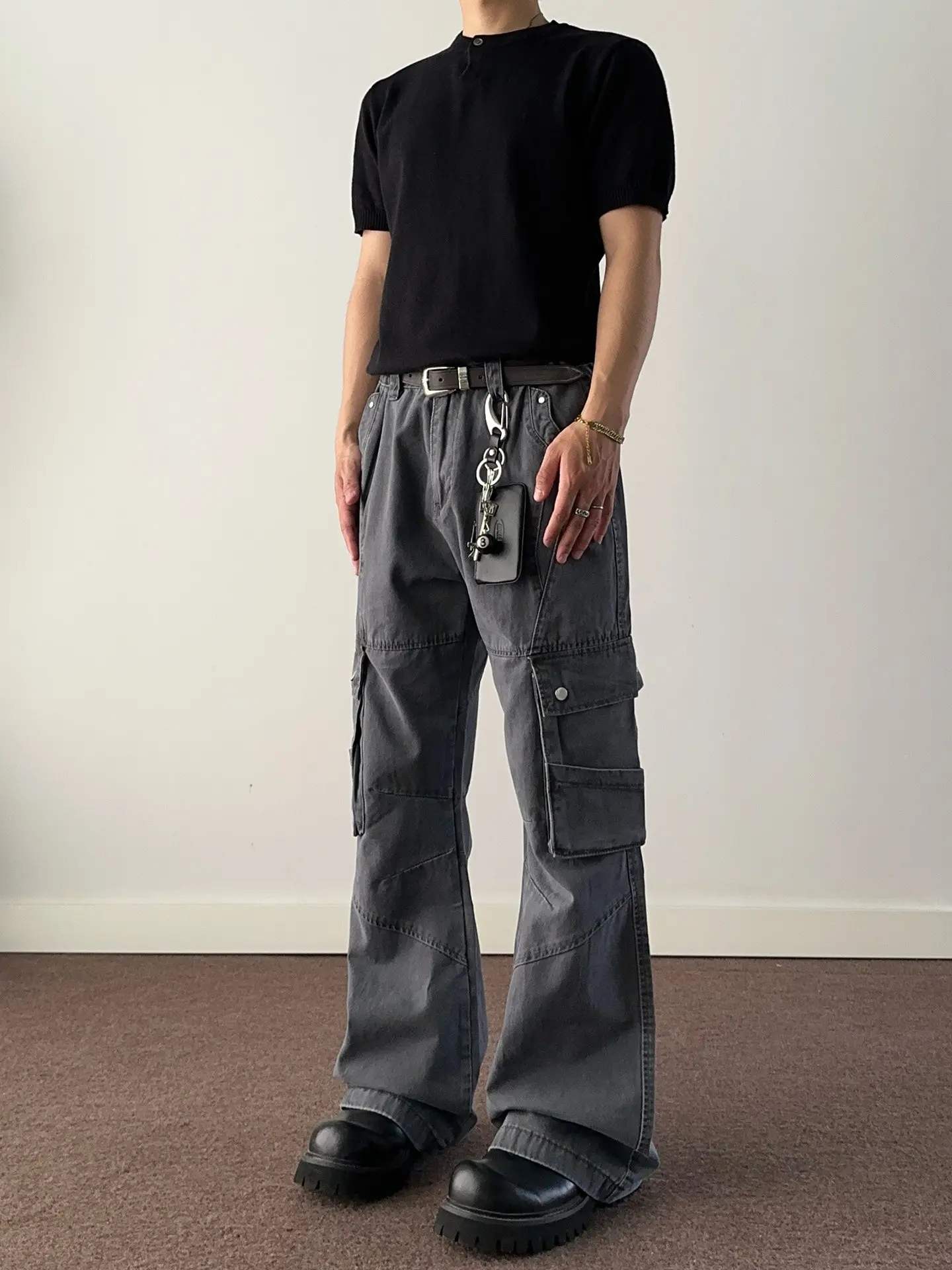 American High Street Vintage Grey Flared Work Pants Multiple Pockets Casual Loose Straight Leg Vibe Jeans Men's Denim