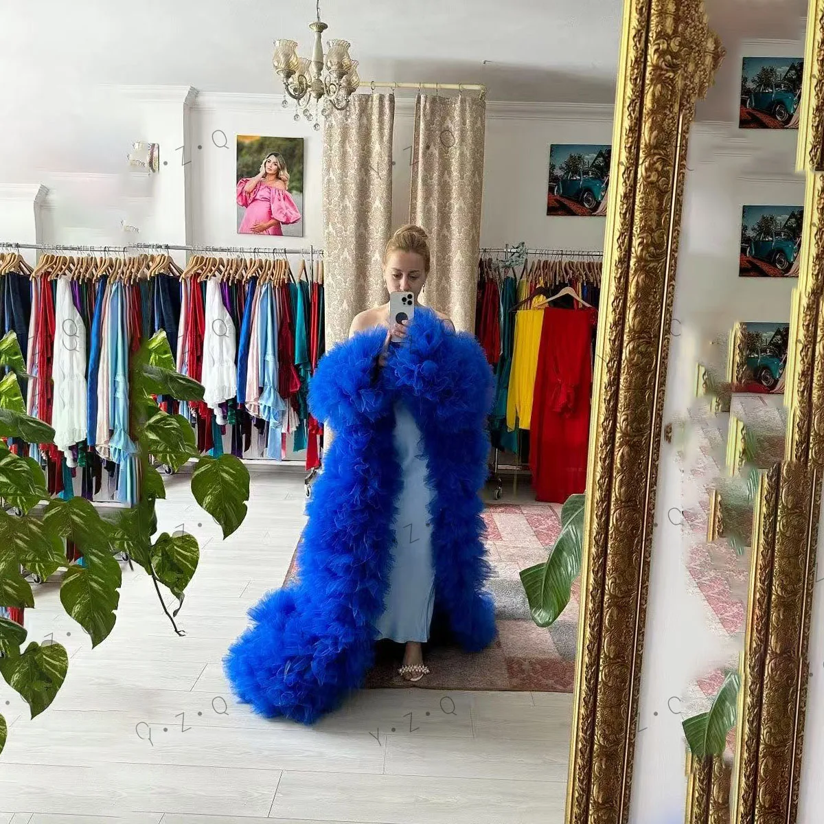 Fofo babados em camadas tule casaco feminino roupa frente aberta longo robe azul real tule longo jaqueta feminina mangas completas maxi vestido