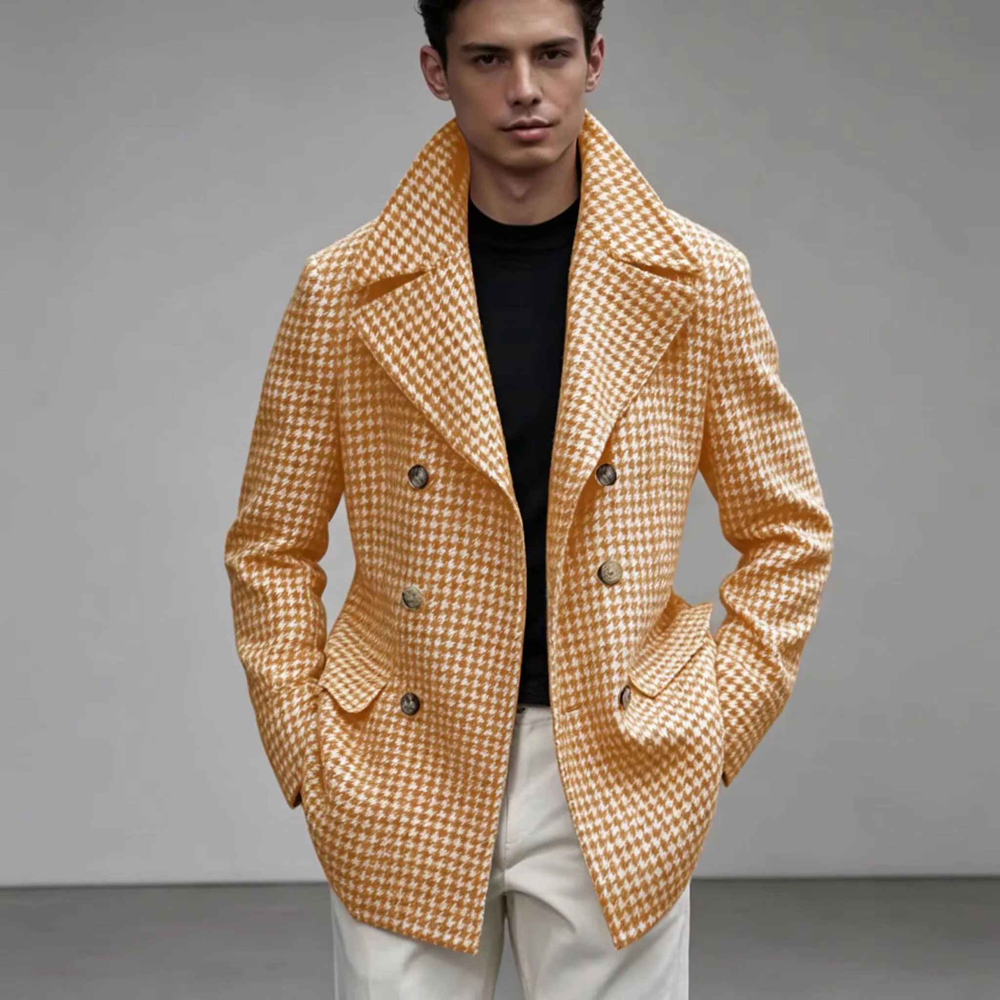 

Men's Houndstooth Jacket Retro Double Breasted Slim Fit Notched Lapel Wool Blend Blazer Fashion Casual Overcoat For Daily Wear