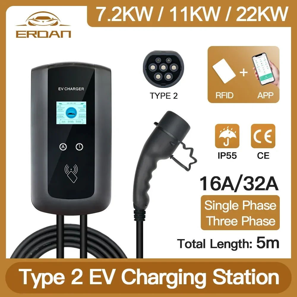 ERDAN WIFI APP  32A Control EV Charging Station Portable Electric Vehicle Car Charger EVSE Wallbox Wallmount 7KW Type2 Cable