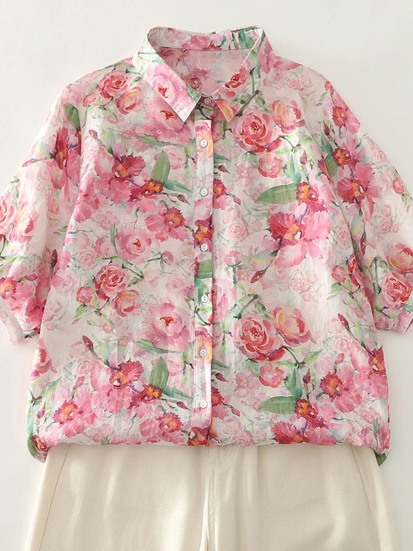 

Summer Thin Floral Print Loose Casual irt Women's ort Sve Turn-down Collar Top Faionable Versatile Commute Sle