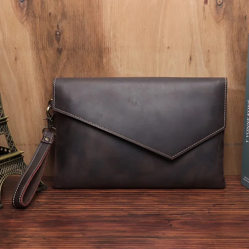 Vintage Leather Men's Envelop Bag Clutch Bags For Document Handbags Real Cowskin Big Purse Business