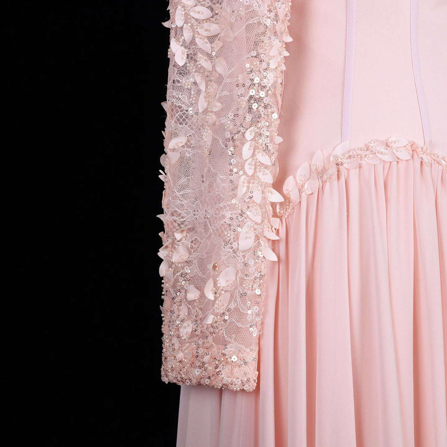 Sharon Said Luxuriöses Rosa A-Linien-Abendkleid mit Langen Ärmeln, Blumenverzierungen, Quadratischem Ausschnitt, Chiffon, Formelles Partykleid SF239 Maßanfertigung – Detail 12