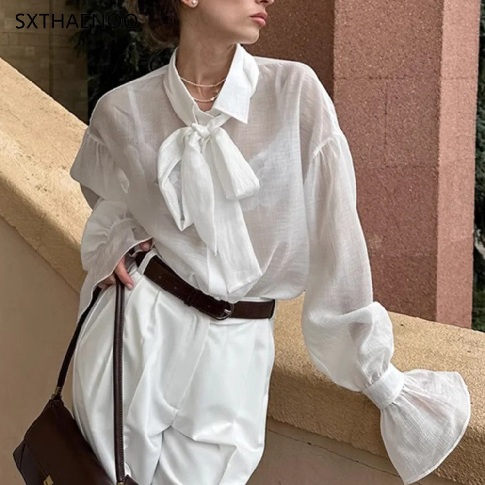 

SXTHAENOO Elegant See Through Women's Shirt Retro Lace Up Collar Petal Sleeve Top Summer New French Loose Office Lady T shirt