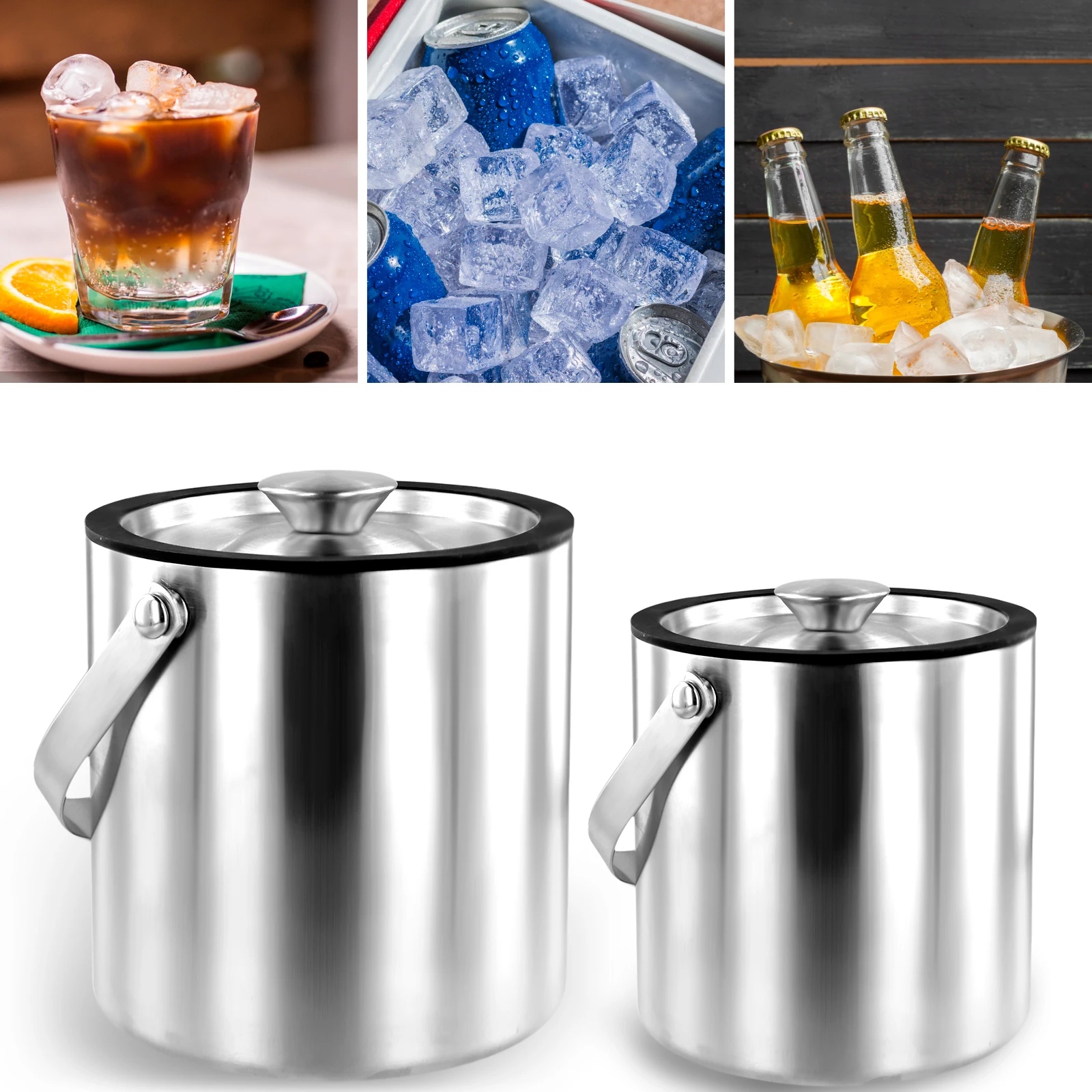 Hielera de Acero Inoxidable de 2L/3L, Aislada, de Doble Pared, con Tapa y Asa, para Fiestas, Bodas, Picnics y Campamentos
