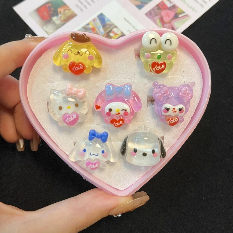 Sanrio Ring Kuromi Hello Kitty My Melody Kawaii Anime Cinnamoroll Open Adjustable RingWith Love Box Girl Heart Decorate Toy Gift