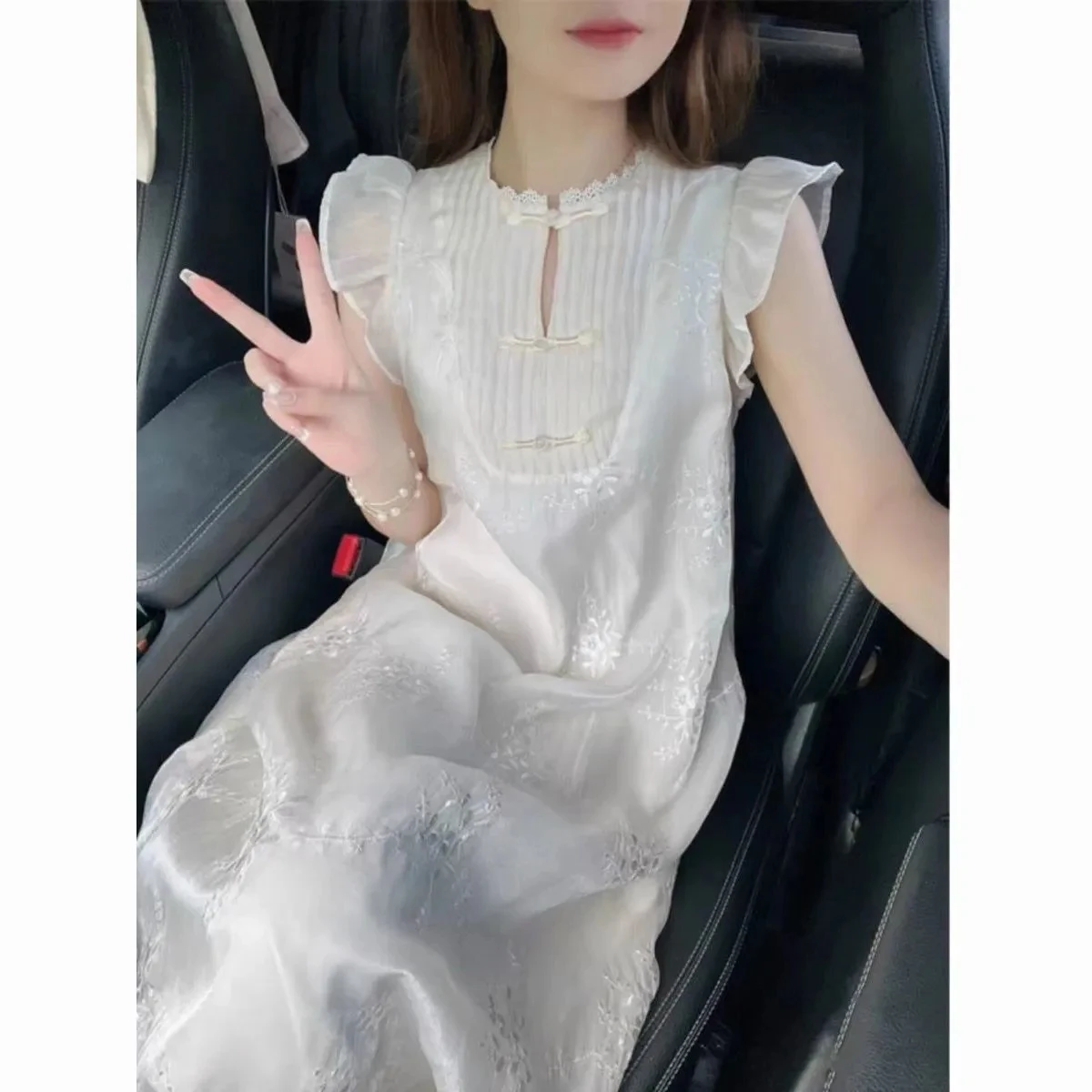 2024 New, Chinese style cheongsam buckle bubble sleeve Dress,For Women Clothing, Summer palace Sleeveless Dress