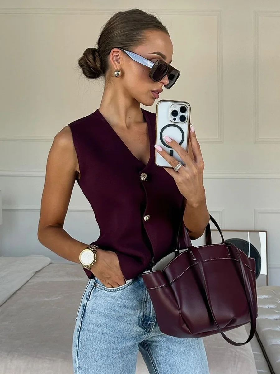 

Elegant Metal Buckle Sweater Vest for Women Spring Summer Sexy V-neck Knitted Tops 2025 New High Street Office Casual Tops