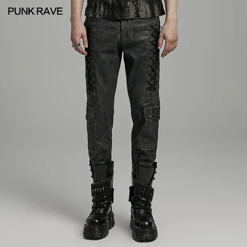 PUNK RAVE Men's Punk Distressed Irregular Texture Pants Decorative Drawstring Design Trousers Autumn Men Clothing Streetwear