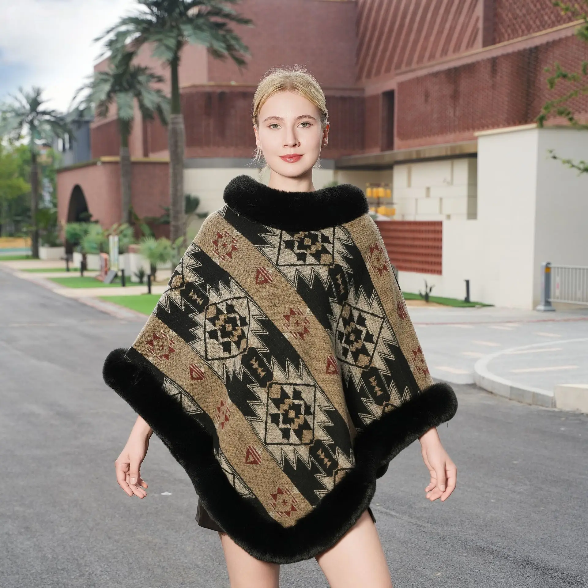 

Вязаный теплый шарф-накидка с меховым воротником, молодежный стиль, геометрический узор, вязаное пальто с капюшоном