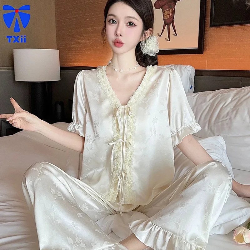 

French Style Ice Silk Pajamas Women's 2024 New Summer Sexy Short-sleeved Trousers Outwear Two-piece Set