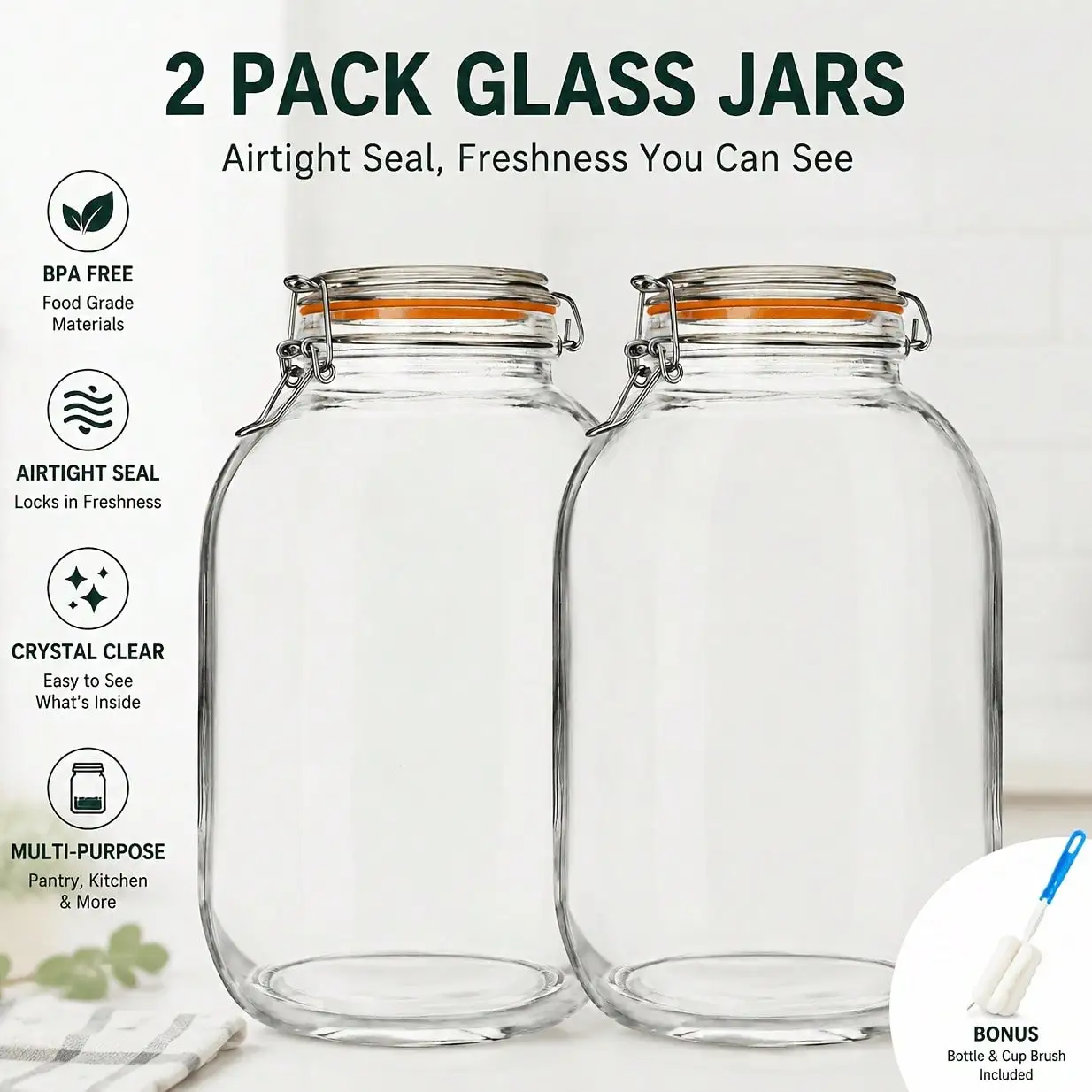2-Pack Large Glass Jars with Airtight Clip-Top Lids – Hermetic Seal Containers for Fermenting, Pickling, Food Storage, and Kitch