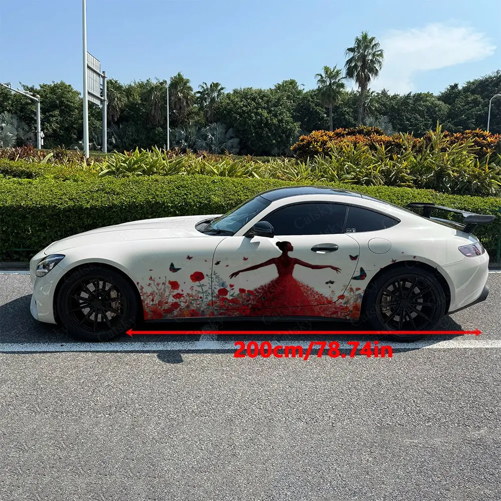 2pcs Spring Flower Field Dancer, Durable, Fade-resistant, Enhance Vehicle Aesthetics With Bold Artistic Design Car Vinyl Wraps
