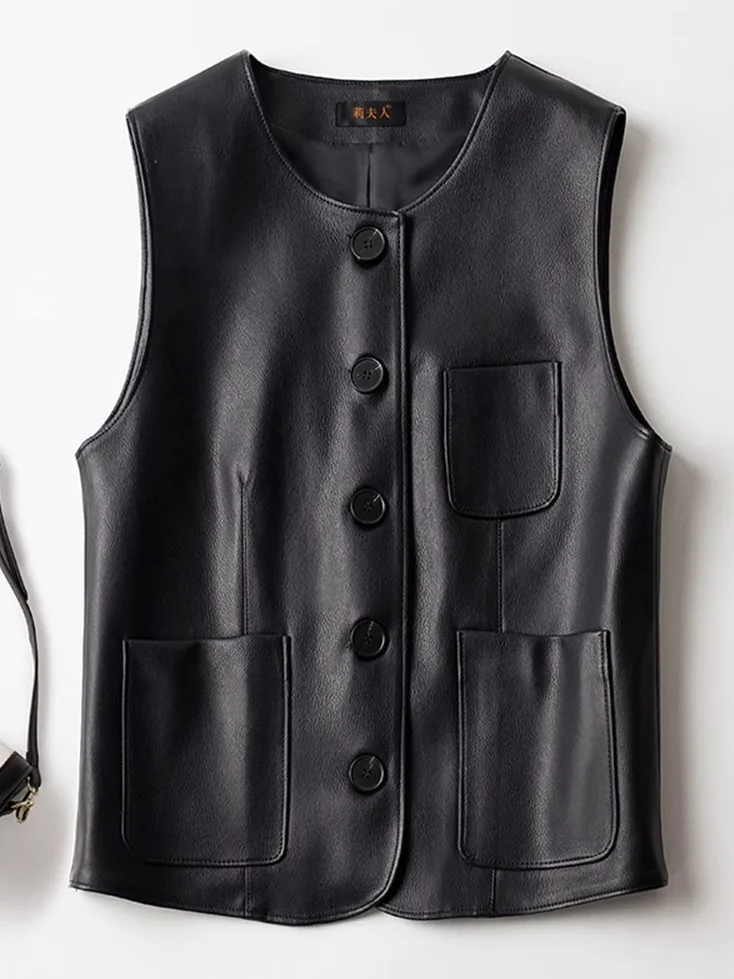   เสื้อกั๊กหนังแท้ Ning สำหรับผู้หญิง คอลเลคชั่นฤดูใบไม้ร่วง-ฤดูหนาว 2025 รุ่นใหม่ หนังหนังแท้ ทรงเข้ารูป กระชับสัดส่วน ใช้งานได้หลากหลาย