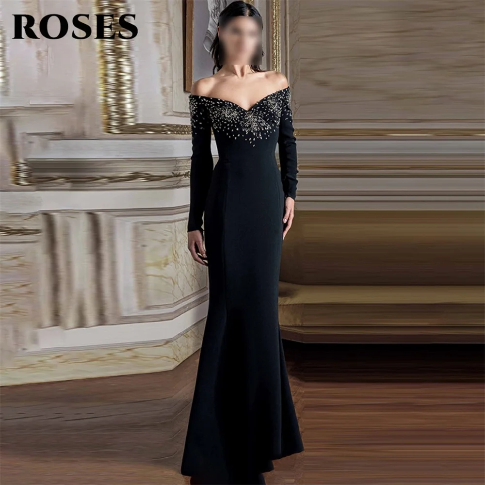 ROSES Black Prom Dress Boat Neck Off Shoulder Celebrity Dress Beading On Chest Women's Evening Dresses Formal Gown Customized