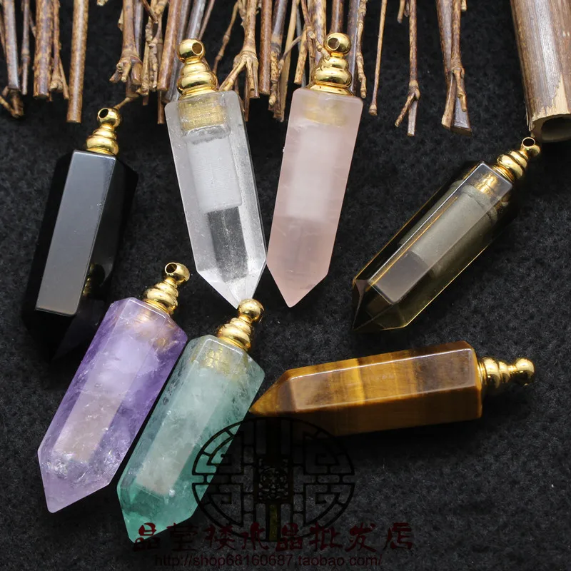 Natural Gems Stone Faceted Prism Perfume Bottle Pendants Necklace,Cut Hexagon Points Crystal Essential Oil Diffuser Vial Charms
