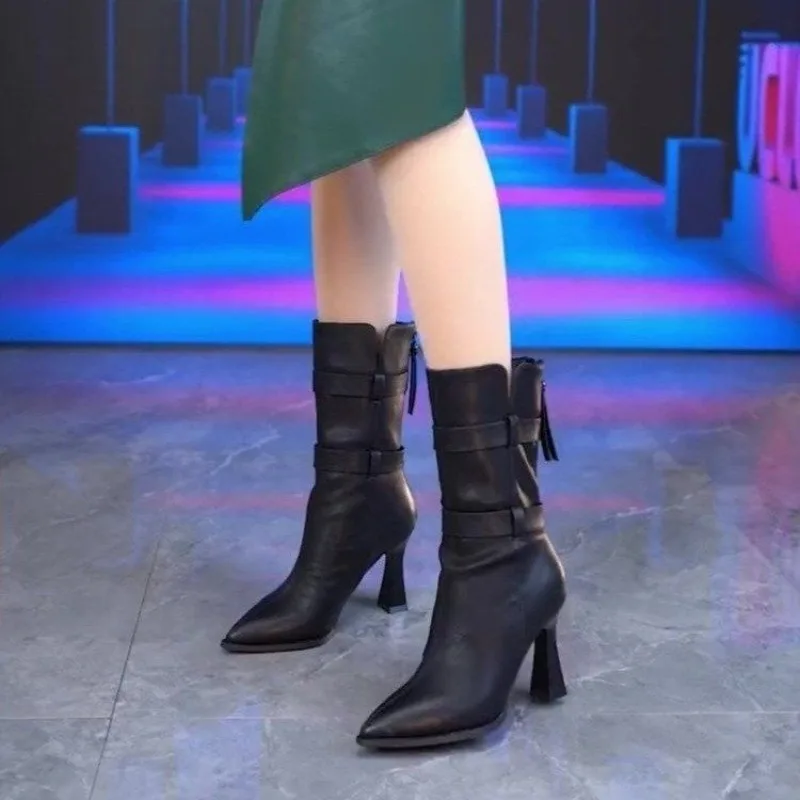 

Элегантные женские полувысокие сапоги на каблуке с острым носком, осень-зима, женские туфли до середины икры на флисовой подкладке, кожаная обувь в готическом стиле, новинка в обуви