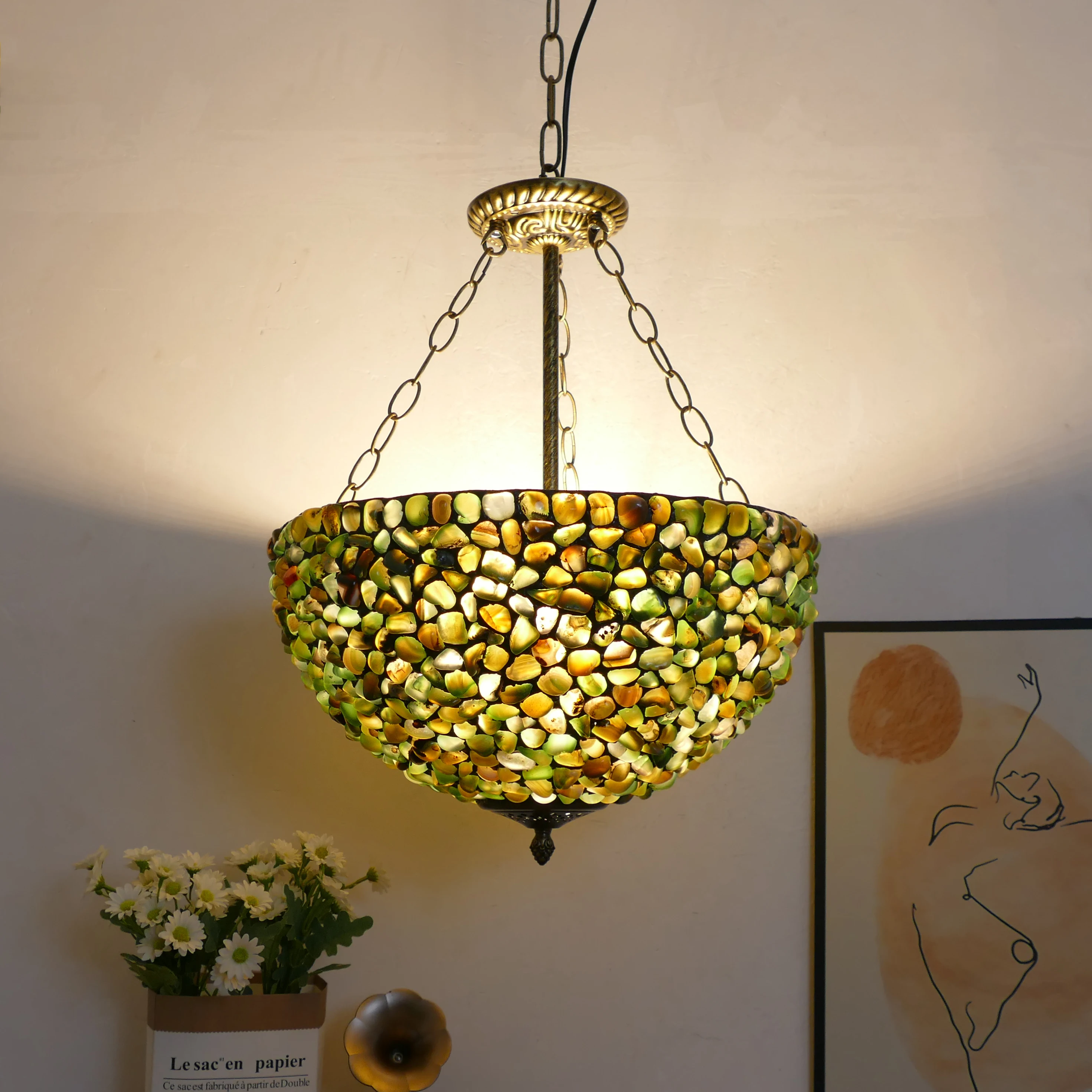 16 Inch Wide Colored Stone Pendant Light Victorian Style Dining Room Living Room Corridor Hanging Lighting Fixtures