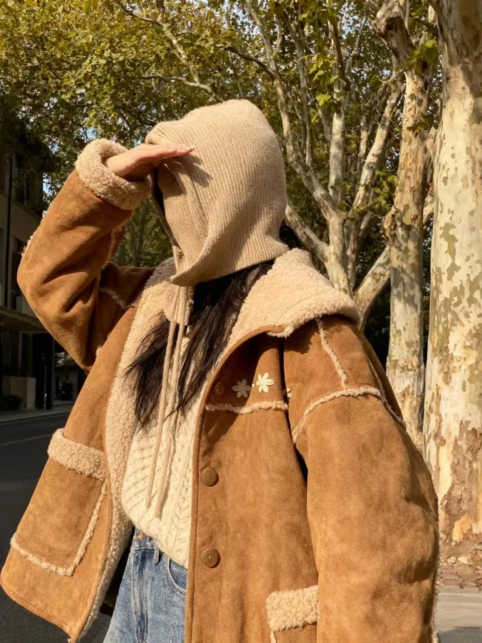 الرجعية المطرزة الفراء ort Jaet المرأة الشتاء فضفاضة الدافئة السائق الجلد المدبوغ معطف الكورية Sle الدفء طول ort Sle #2