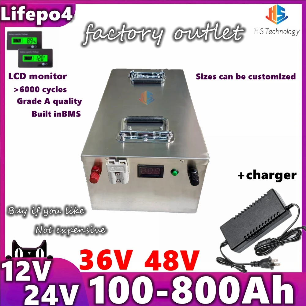 

Lifepo4 12V 400Ah 600Ah 12V 800AH 24V 500Ah 36V 300AH 48V 200Ah with BMS for 5000W 3000w inverter EV Fishing boat +Charger