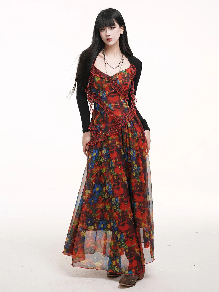 Estate New Chic Red Floral Ruffles Abito con bretelle con scollo a V Sweet Cool Girls Vacanza al mare A-line Abiti lunghi da fata a vita alta