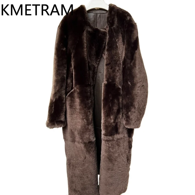 Natural Merino Sheepskin Wool Double Faced Fur Jacket Woman Dark Brown Long Real Fur Coat Winter Clothes 2025 Furry Jackets шуба