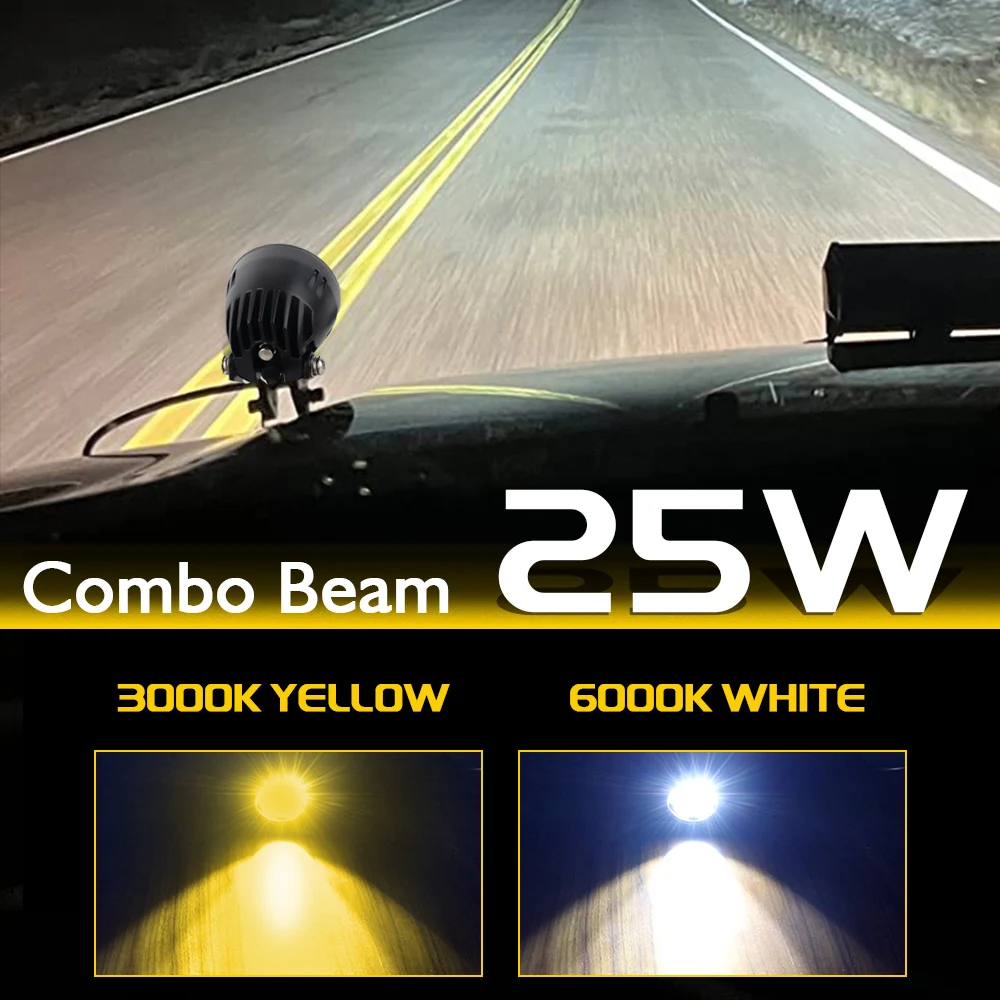 25W Round LED Light Pods Off Road Work Lights DRL Combo Beam 12V 24V Fog Driving Lighting for Pickup SUV UTV 4x4 Car Motorcycle