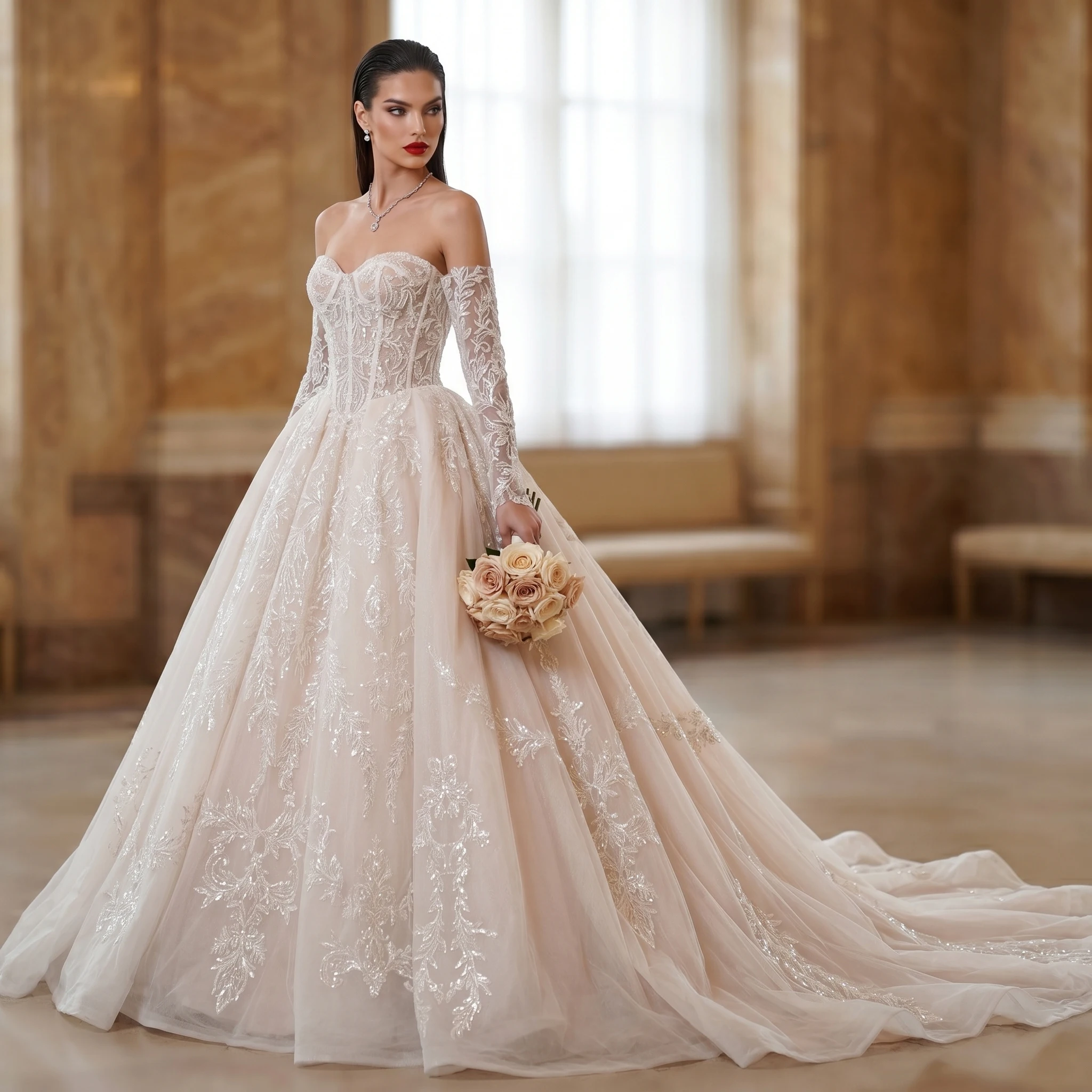 Sharon Said Luxury Sparkly Lace Ball Gown Sweetheart Corset Detachable Sleeves Vestidos de Novia Bridal Gowns SW703 Customized
