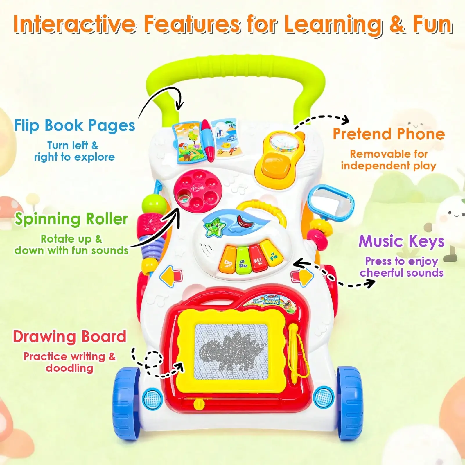 Multi‑Functional Baby Push‑Walk Learning Activity Walker, Baby Walker with Drawing Board, Built‑in Music Effects, Portable Activity Center Toy for Boys & Girls, Sensory & Balance Training, Develop Motor Skills, Safe Early Learning Play Toy for Toddlers