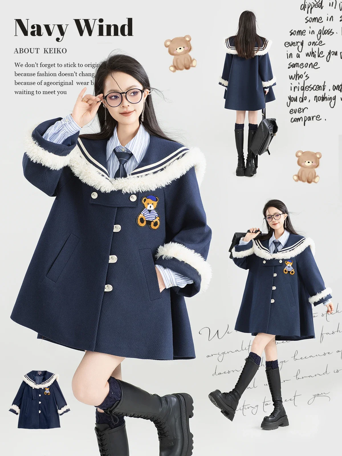 Japanese Sweet Temperament Preppy Style Navy Collar Plush Splicing Woolen Coats Women Cape Loose Straight A-line Winter Jackets