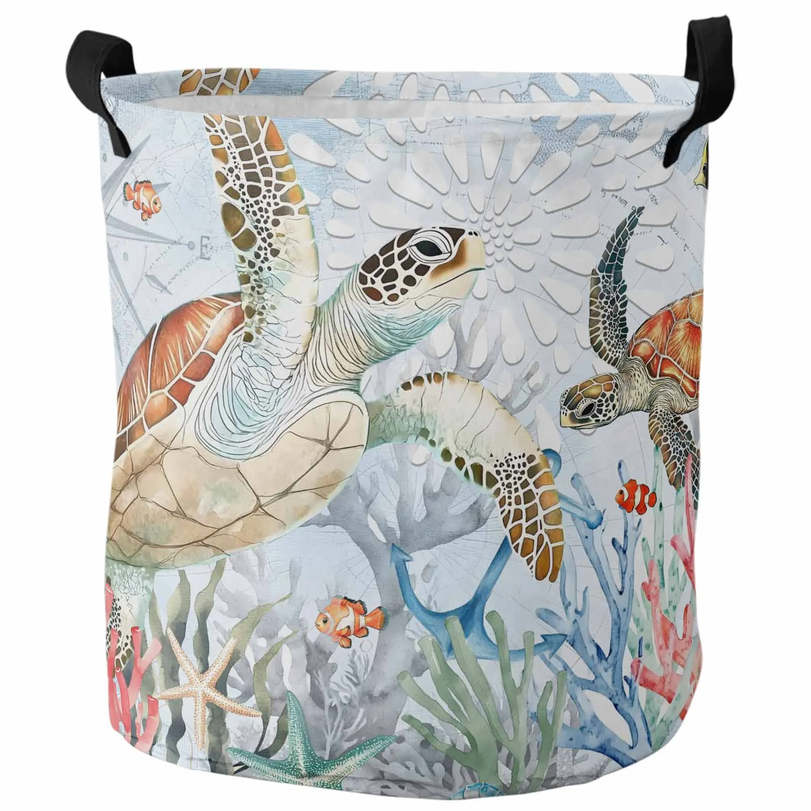 

Ocean Retro Turtle Coral Starfish Watercolor Dirty Laundry Basket Foldable Waterproof Clothing Children Toy Storage Basket