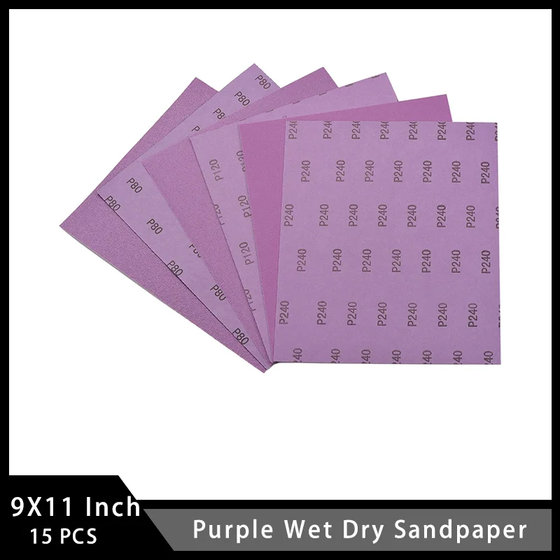 9 X 11 Inch Purple Wet Dry Sandpaper 15 Pcs Assortment 80/120/240 Grit for Wood Furniture Finishing Metal Sanding Automotive