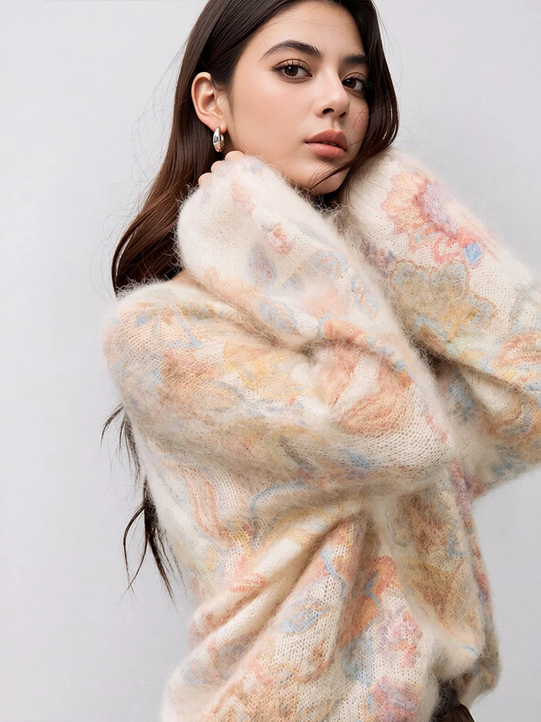 SuyaDream, Women Tie Dye Beaded Sequin Mohair Sweater Crew Neck Loose Fit Long Sleeve Autumn Fall Knit Pullover