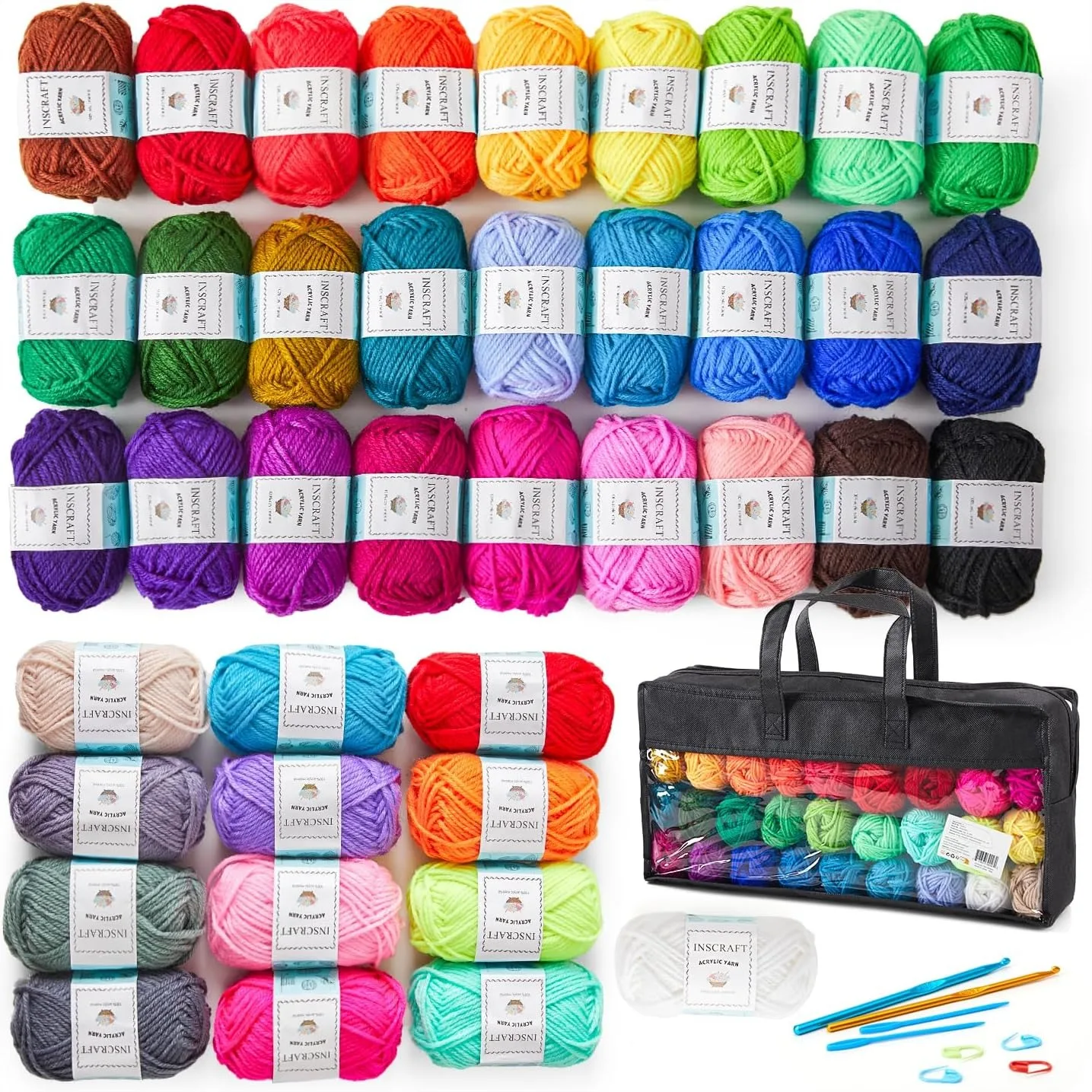 

Crochet Yarn Kit 40 Colors 1400 Yards Acrylic Yarn Skeins with 2 Hooks, 2 Needles, 4 Stitch Markers, Storage Bag, for Knitting &