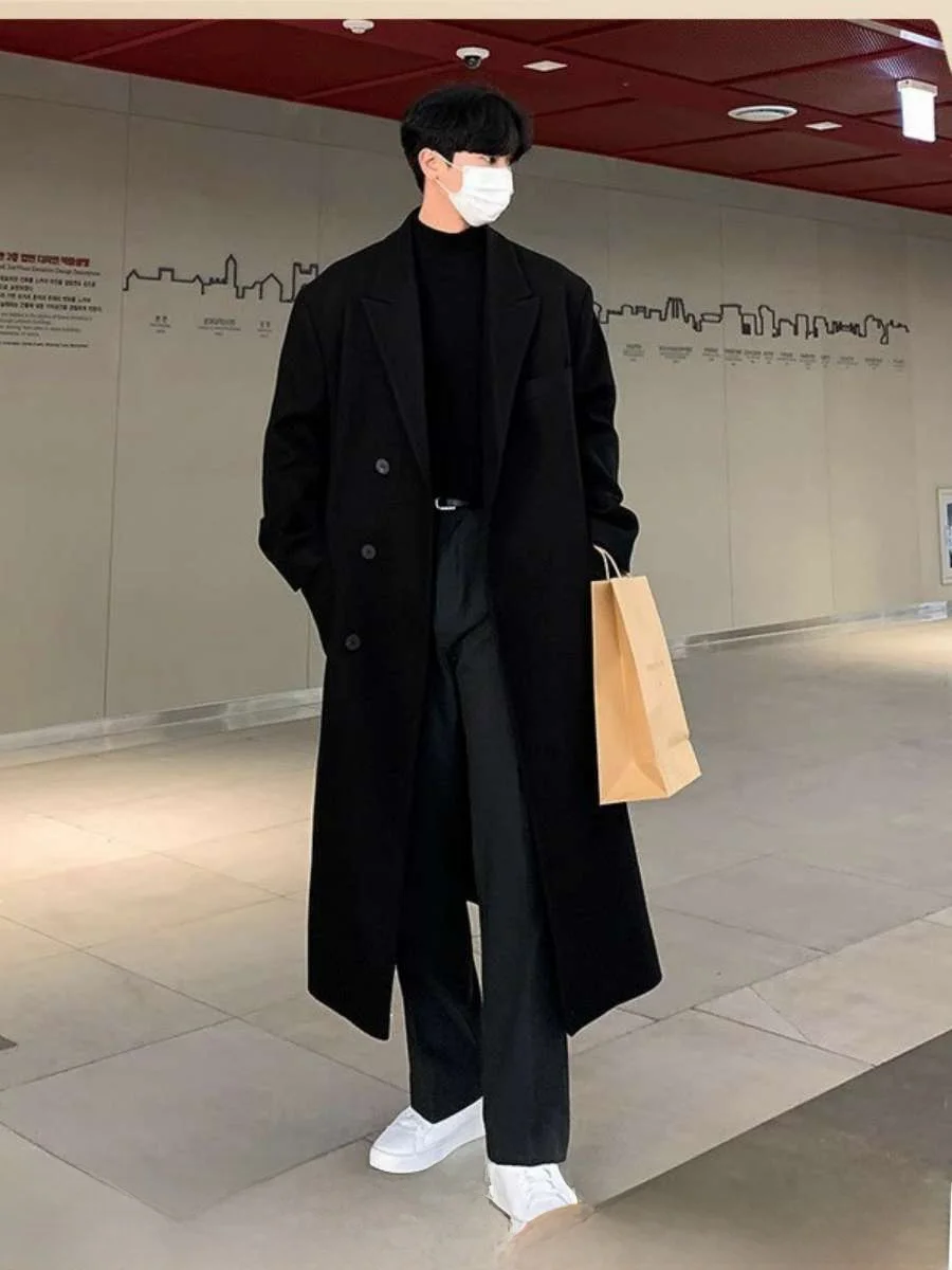 

Зимнее мужское шерстяное пальто удлиненное, ниже колена, с заниженной линией плеч, в корейском стиле, свободного кроя, ветрозащитное, без твидового материала, модное