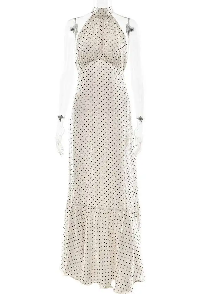 Fantoye Satin Print Polka Dot Halter Women Maxi Dress White Sexy Backless Bandage Dress Summer Slim Elegant Party Evening Dress