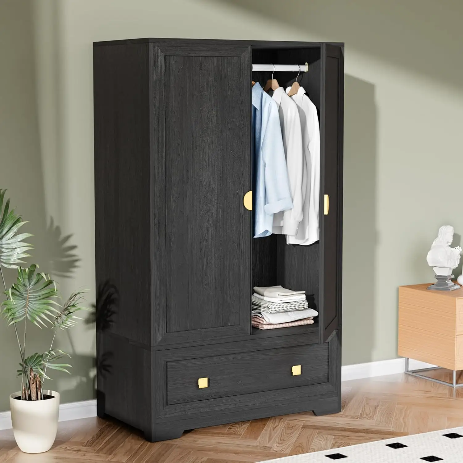 Wide Armoire Wardrobe Closet with Hanging Rod, Adjustable Shelves and Drawer, Freestanding Wardrobe Closet with Doors