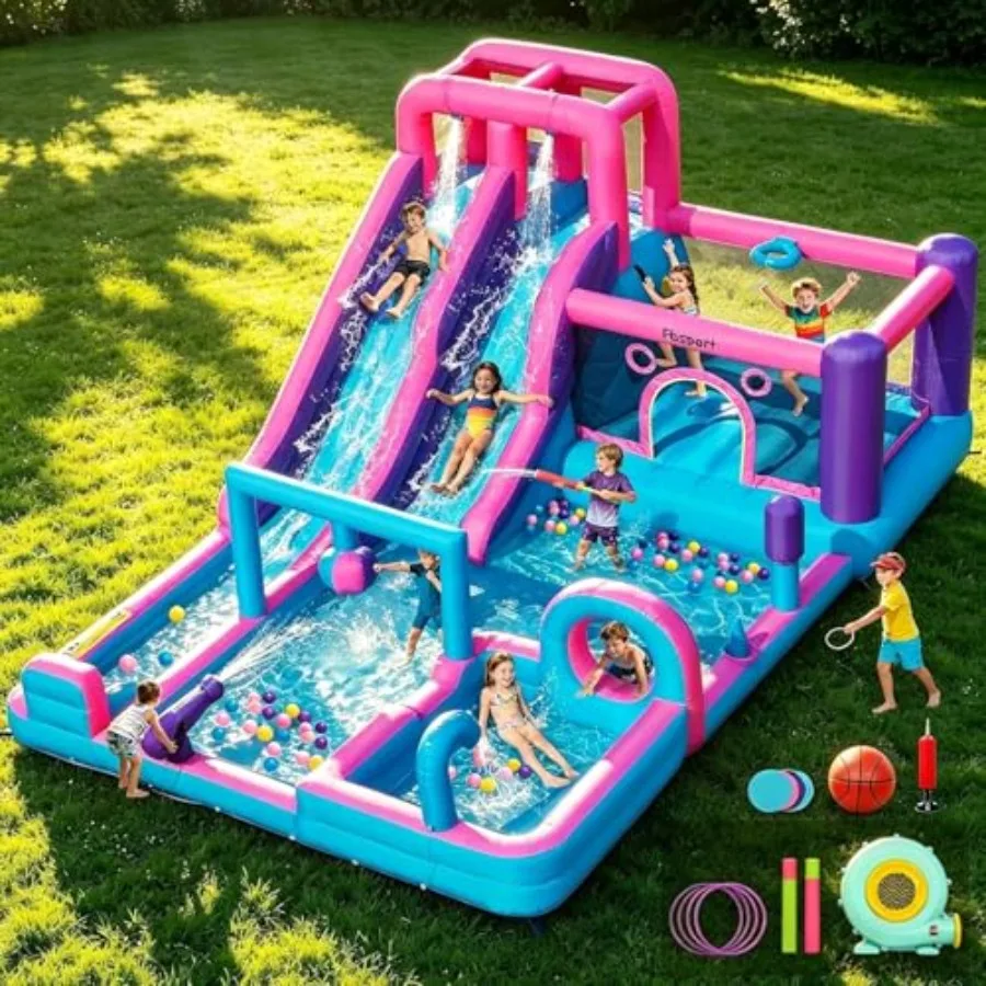 Indoor Outdoor Inflatable Bounce House with Double Water Slide, PVC Material, Blue and Yellow, Includes 750W Blower, Climbing W