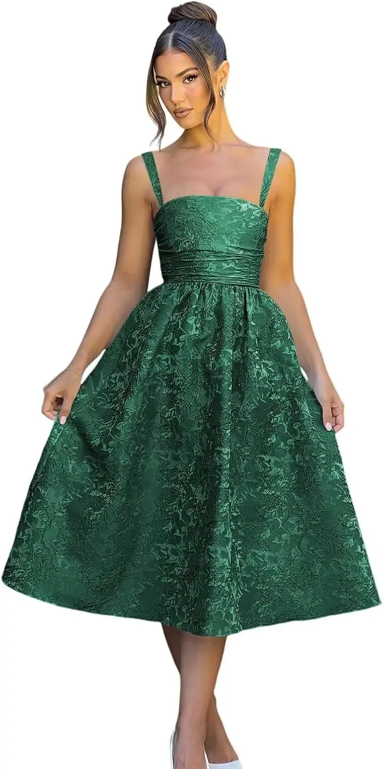 

Spaghetti Straps Jacquard Floral Satin Prom Dresses Corset A Line Midi Homecoming Dresses for Teens