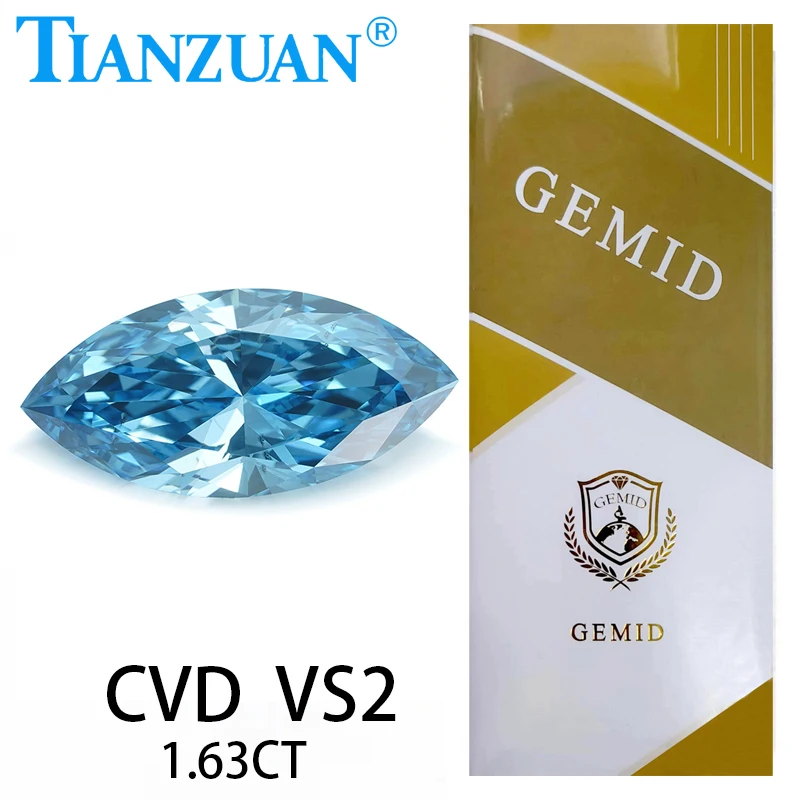 1.635ct VS2 Lab Grown Diamond CVD Marquise Fancy Vivid Blue Color 2EX Loose Gemstone Bead with GEMID Certified