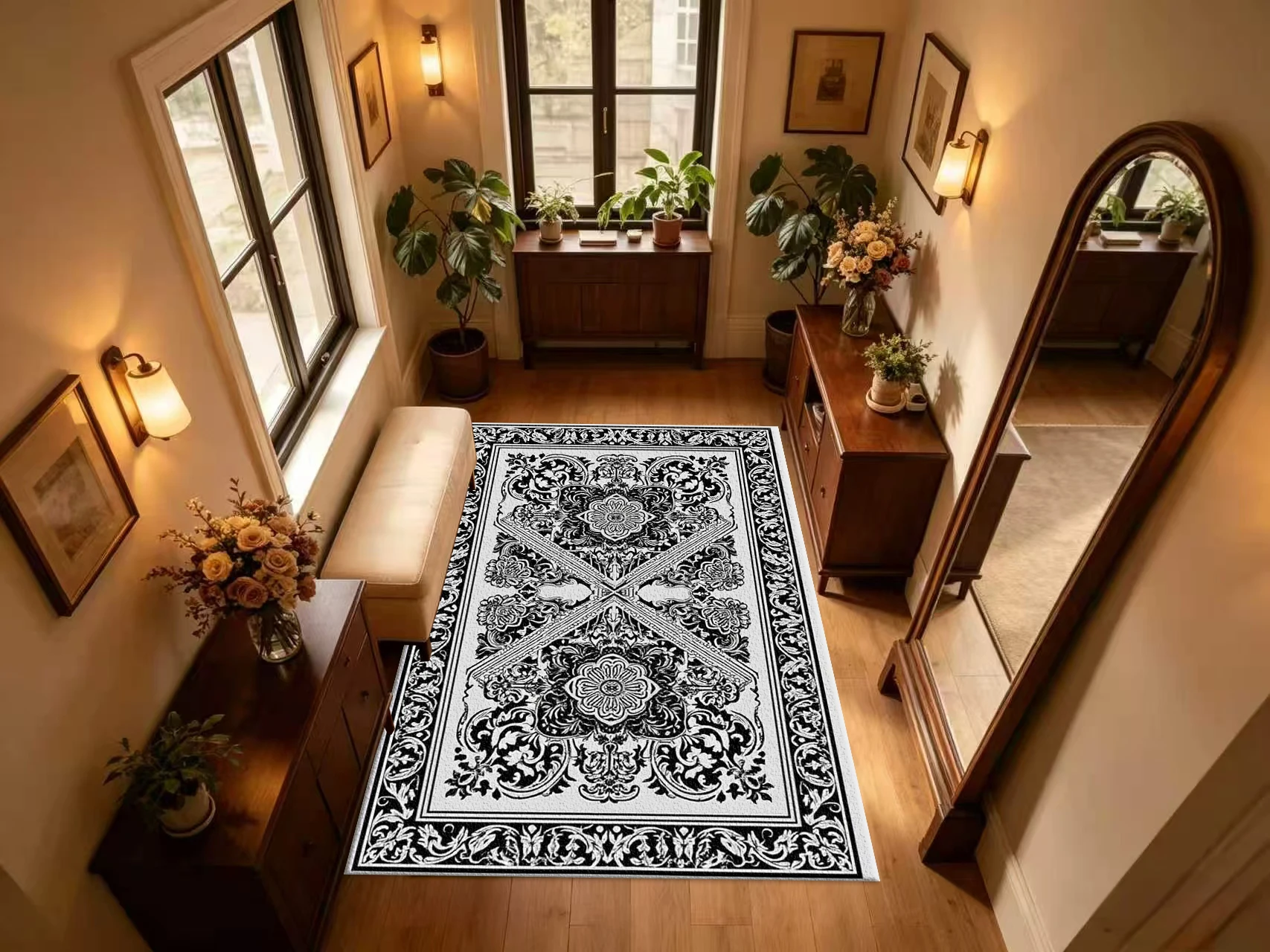 Black White Baroque Carpet Flooring Ornate Symmetrical Floor Rug for Villa Home Interior Decor