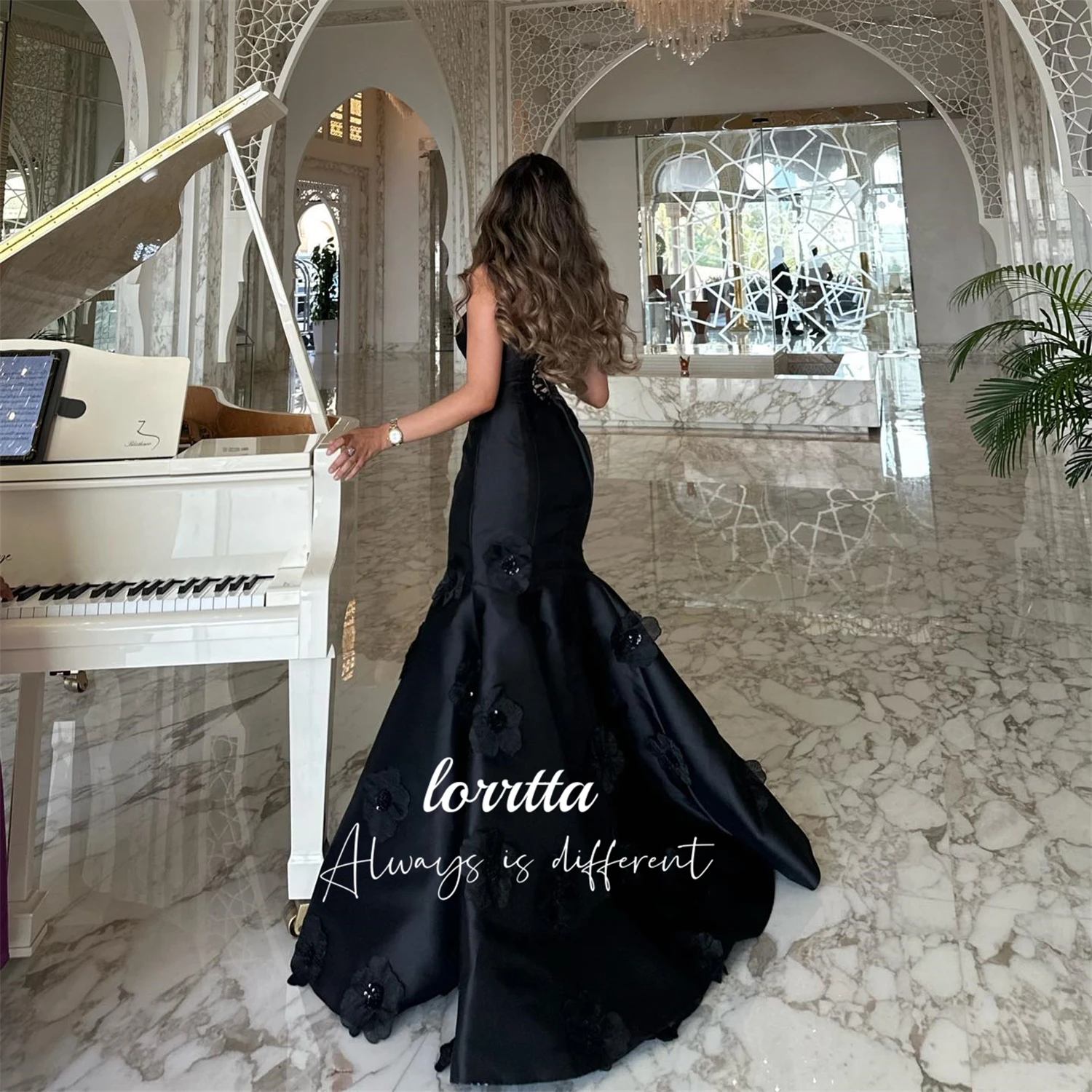 Lorrtta Black Evening Dress Luxurious Flower Decoration Satin Dresses Gala Robe De Soiree Femmes Ball Gowns Party